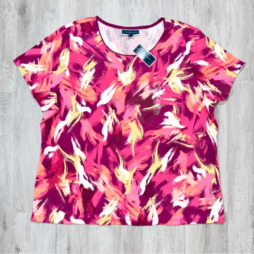 Karen Scott Tropical Short Sleeve Top 1X NWT Cotton Blend Pink